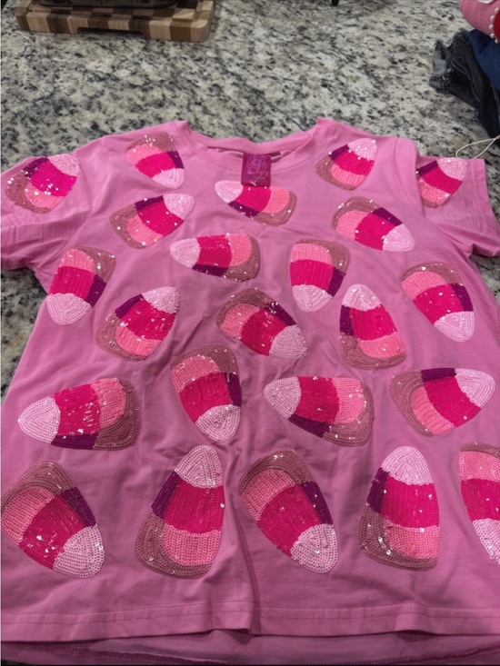 QUEEN OF SPARKLES Tops - Queen of Sparkles Pink Sequin Candy Stripe Tee